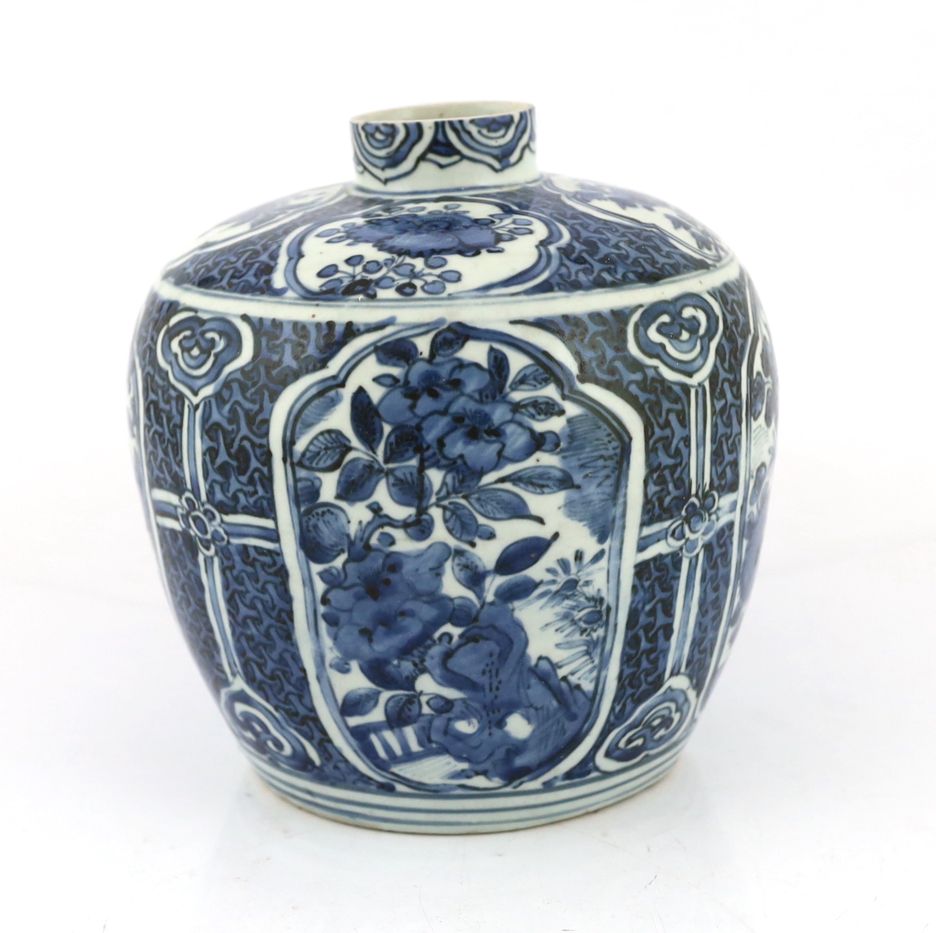 A Chinese late Ming blue and white jar, Wanli period, neck reduced